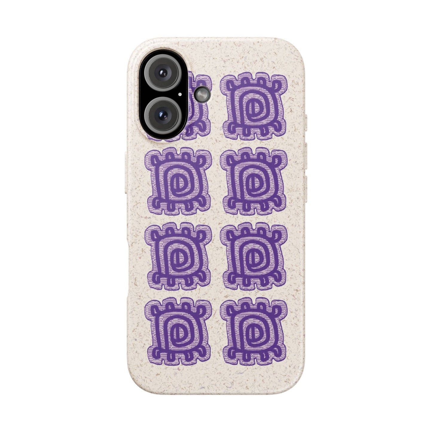 A light beige textured phone case featuring a grid of purple Aztec-style glyphs, shown on a plain white background.