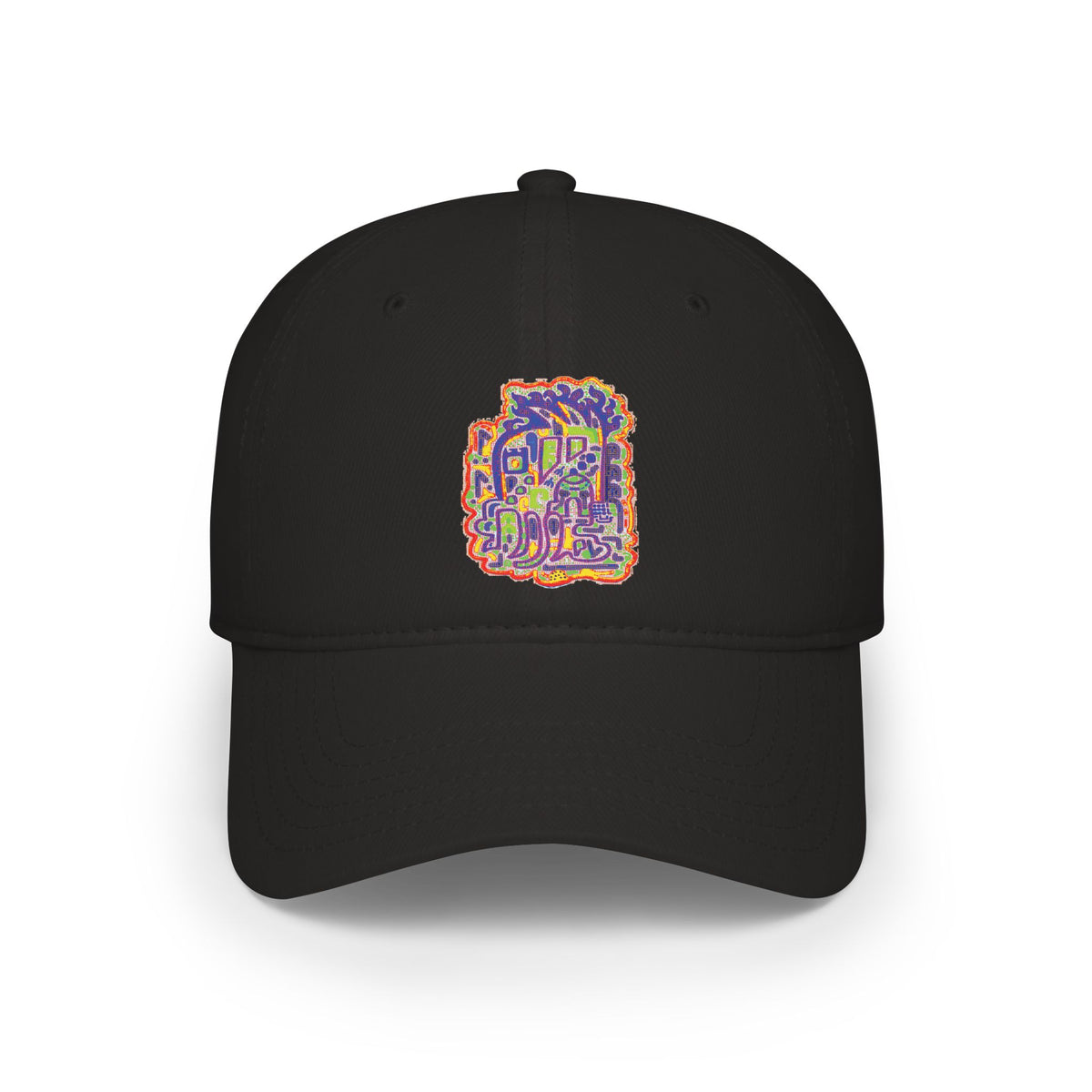 A black baseball cap with a colorful graphic print on the front panel. The graphic features stylized text and abstract shapes in yellow, orange, purple, and green.