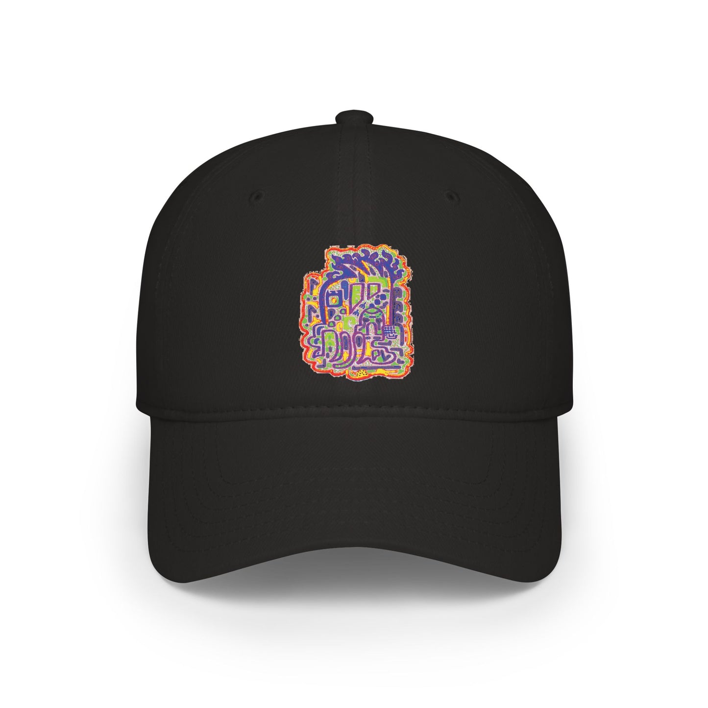 A black baseball cap with a colorful graphic print on the front panel. The graphic features stylized text and abstract shapes in yellow, orange, purple, and green.