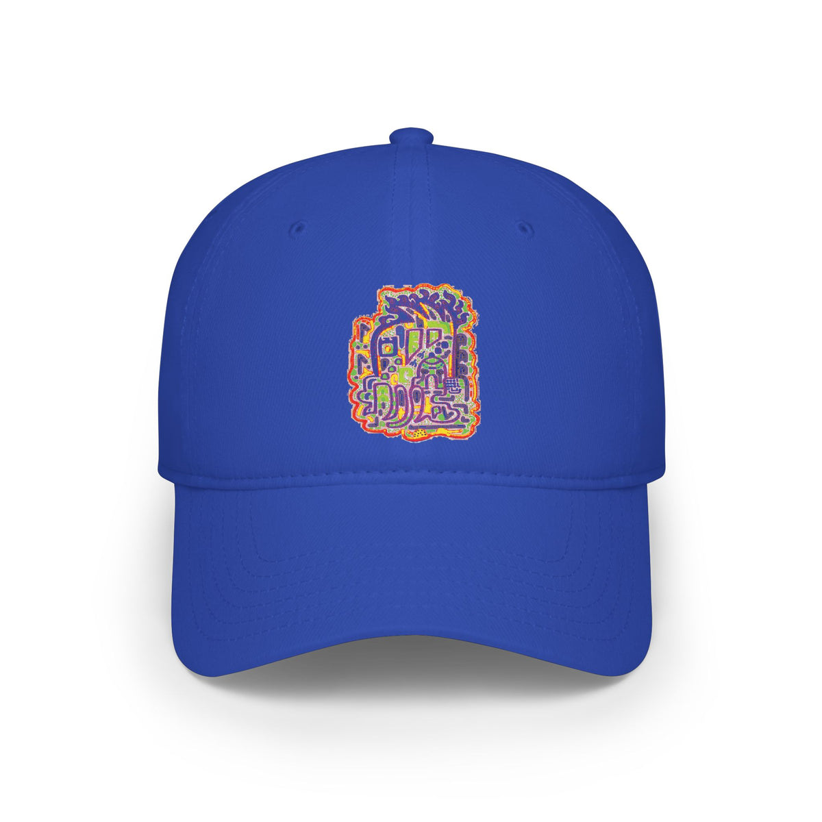 A royal blue baseball cap with a colorful graphic print on the front panel. The graphic features stylized text and abstract shapes in yellow, orange, purple, and green.
