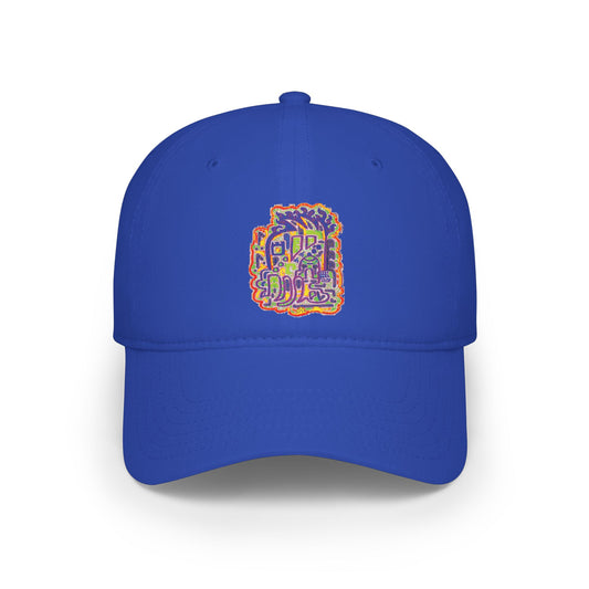 A royal blue baseball cap with a colorful graphic print on the front panel. The graphic features stylized text and abstract shapes in yellow, orange, purple, and green.