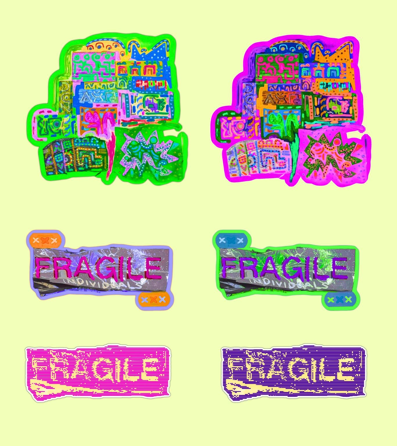 Six colorful 'FRAGILE' sticker designs arranged in a 2x3 grid on a pale yellow background. The stickers feature various vibrant neon and bright colors, including green, pink, purple, and blue, with distressed textures.