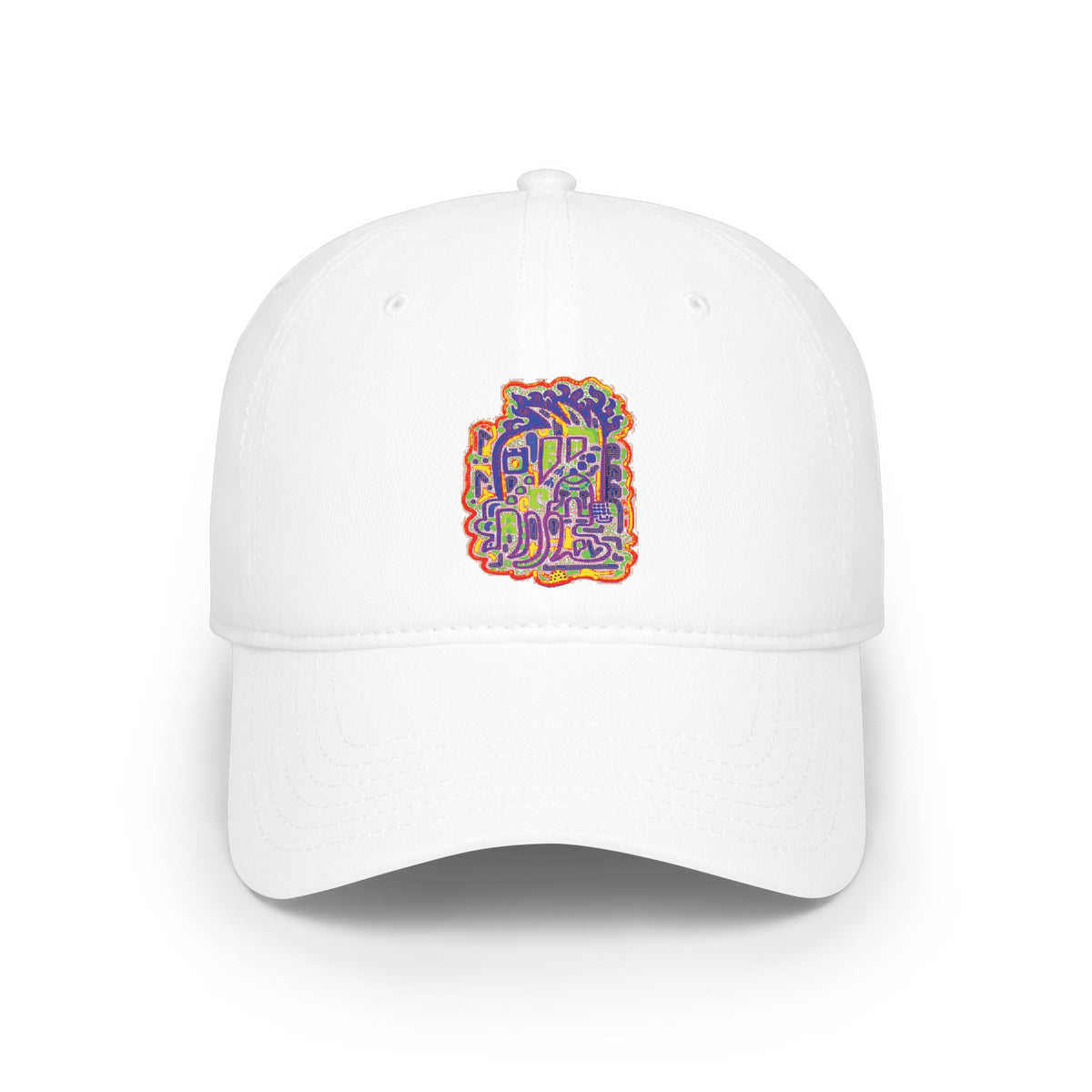 A white baseball cap with a colorful graphic print on the front panel. The graphic features stylized text and abstract shapes in yellow, orange, purple, and green.