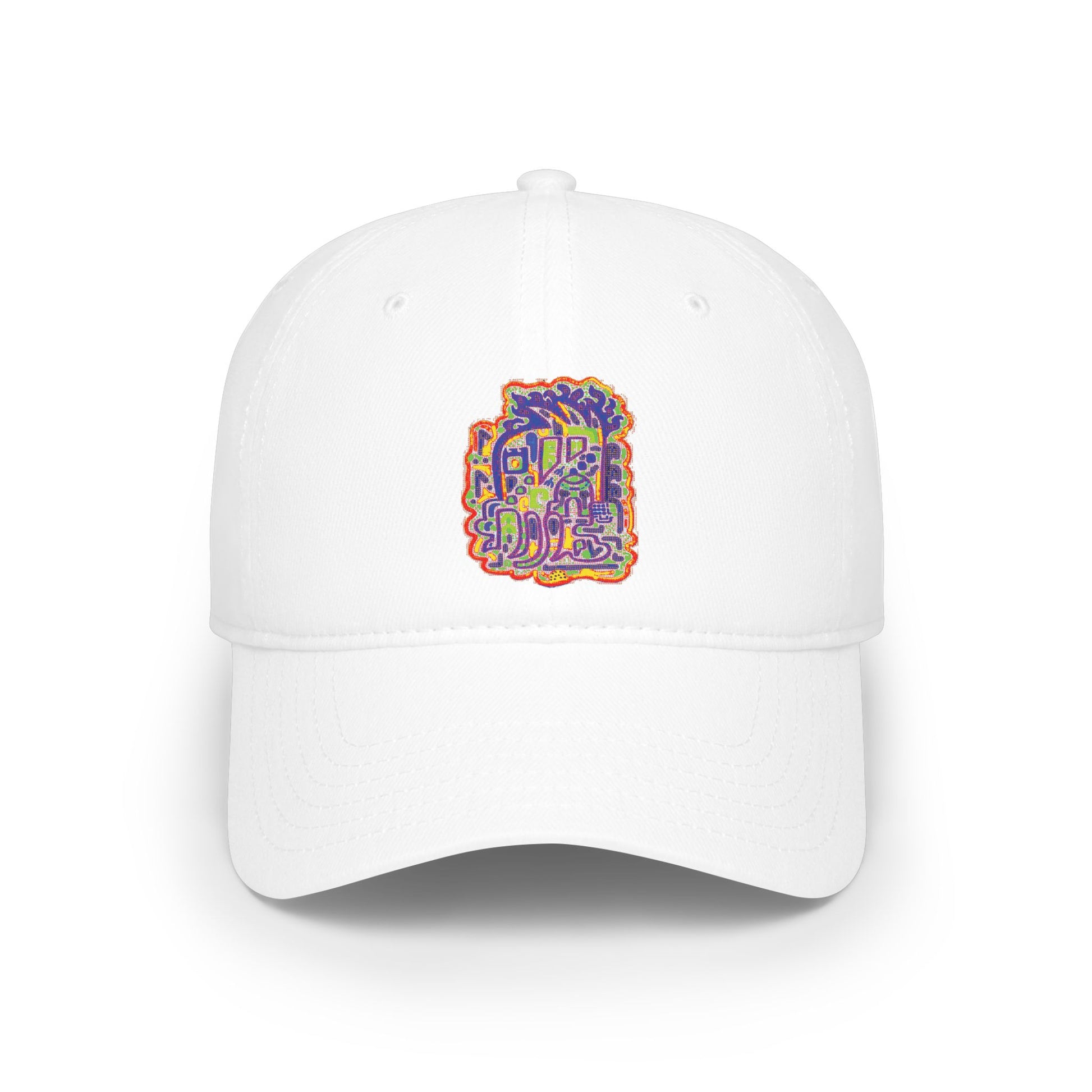 A white baseball cap with a colorful graphic print on the front panel. The graphic features stylized text and abstract shapes in yellow, orange, purple, and green.