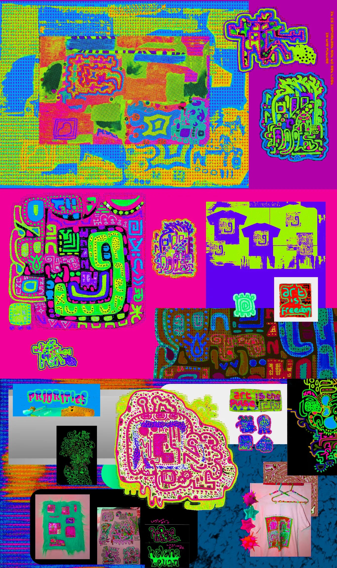 A vibrant collage of multiple psychedelic, neon-colored abstract art prints and designs arranged together on a bright pink background.